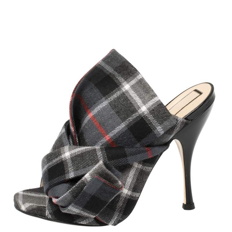 Pre Owned N°21 Grey Check Fabric Bow Mules Sandals Size 40