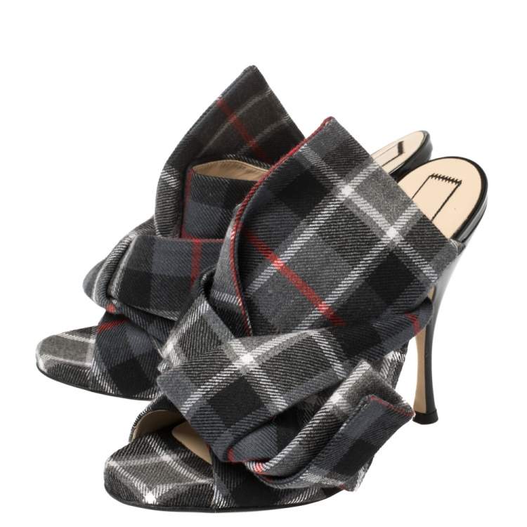 Pre Owned N°21 Grey Check Fabric Bow Mules Sandals Size 40