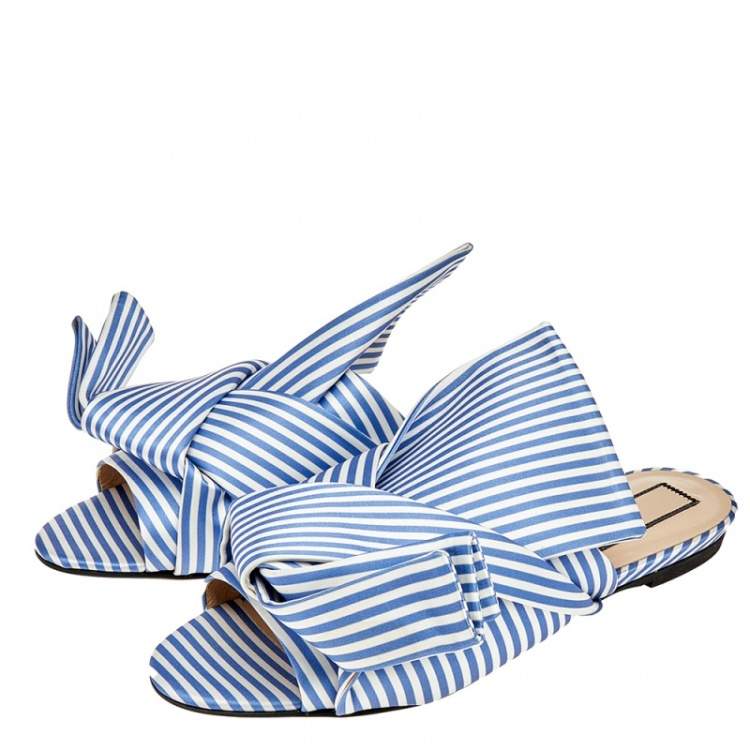Pre Owned Nº21 Blue/White Satin Knot Flat Slides Size 39