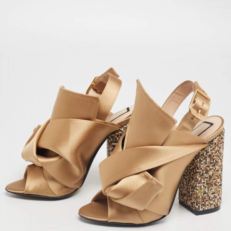 Pre Owned Nº21  Brown Satin Crystal Embellished Pleated Bow Ankle Strap Sandals Size 36