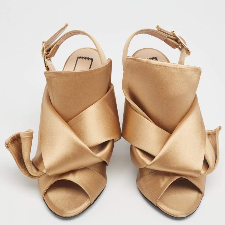 Pre Owned Nº21  Brown Satin Crystal Embellished Pleated Bow Ankle Strap Sandals Size 36