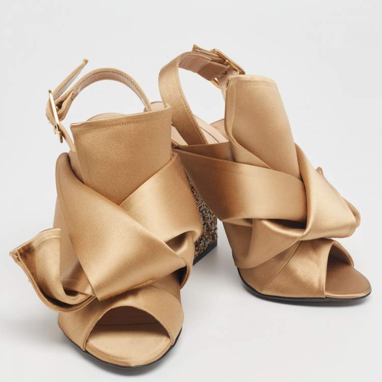Pre Owned Nº21  Brown Satin Crystal Embellished Pleated Bow Ankle Strap Sandals Size 36