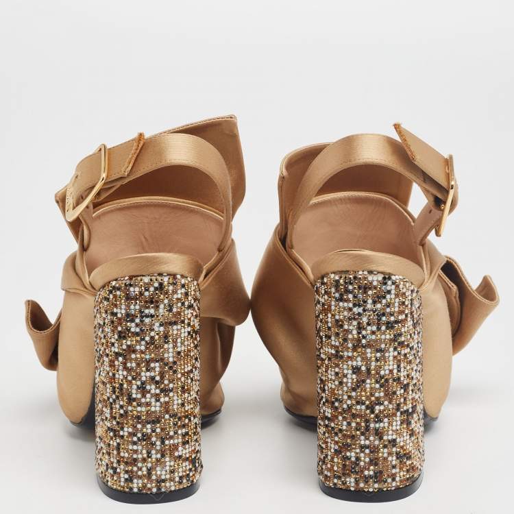 Pre Owned Nº21  Brown Satin Crystal Embellished Pleated Bow Ankle Strap Sandals Size 36