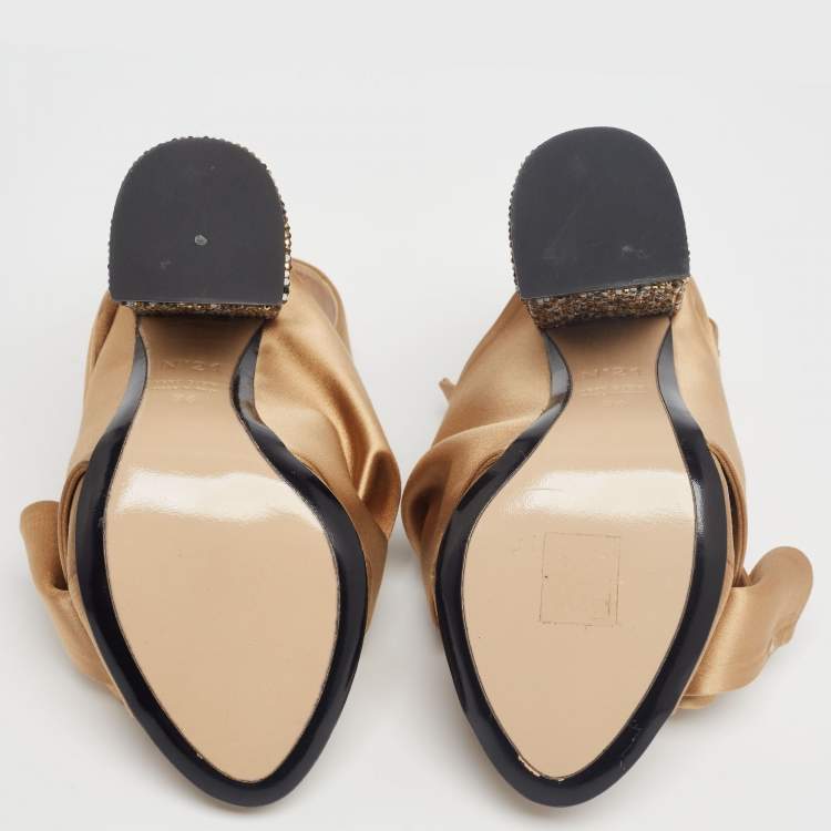 Pre Owned Nº21  Brown Satin Crystal Embellished Pleated Bow Ankle Strap Sandals Size 36