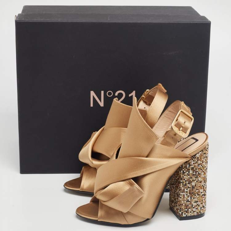 Pre Owned Nº21  Brown Satin Crystal Embellished Pleated Bow Ankle Strap Sandals Size 36