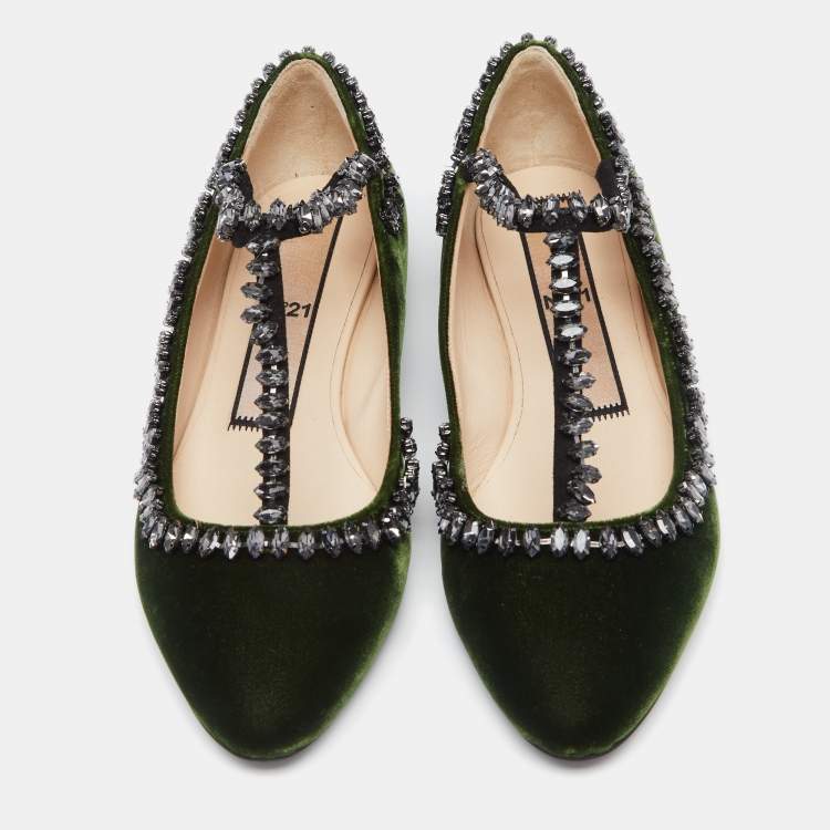 Pre Owned N21 Dark Green Velvet Crystal Embellished T-Bar Ballet Flats Size 36