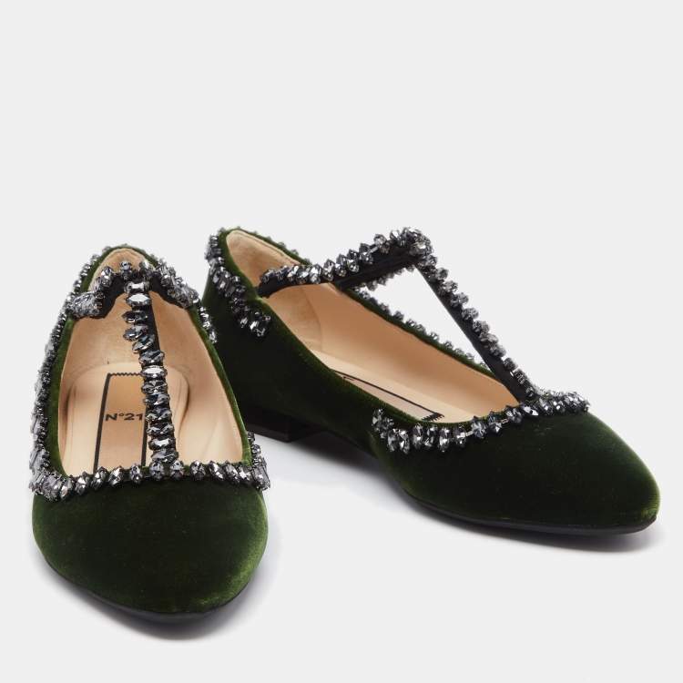 Pre Owned N21 Dark Green Velvet Crystal Embellished T-Bar Ballet Flats Size 36