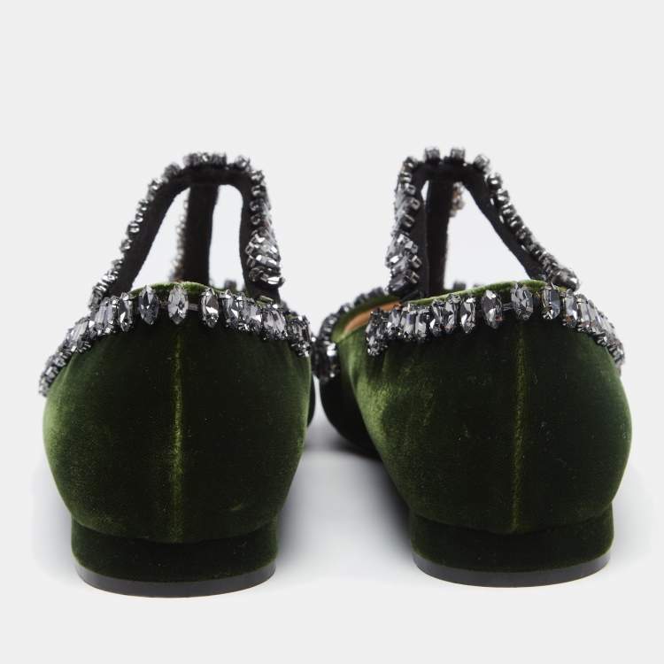 Pre Owned N21 Dark Green Velvet Crystal Embellished T-Bar Ballet Flats Size 36