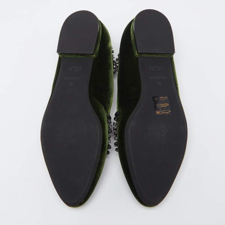 Pre Owned N21 Dark Green Velvet Crystal Embellished T-Bar Ballet Flats Size 36