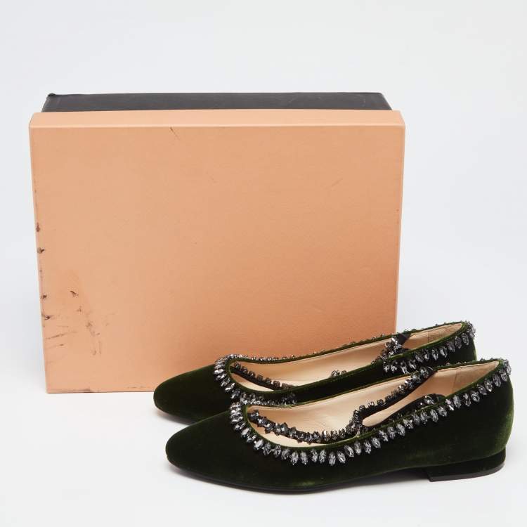 Pre Owned N21 Dark Green Velvet Crystal Embellished T-Bar Ballet Flats Size 36
