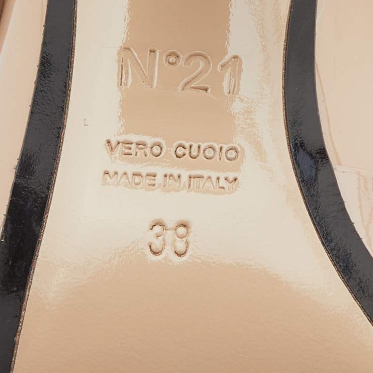 Pre Owned N21 Beige Patent Leather Raso Knot Block Heel Mules Size 38