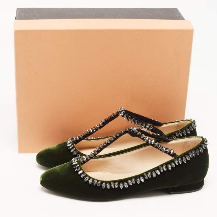 Pre Owned N21 Dark Green Velvet Crystal Embellished T-Bar Ballet Flats Size 38