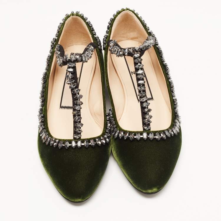 Pre Owned N21 Dark Green Velvet Crystal Embellished T-Bar Ballet Flats Size 38