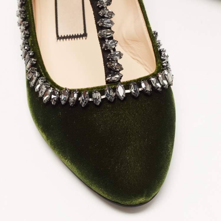 Pre Owned N21 Dark Green Velvet Crystal Embellished T-Bar Ballet Flats Size 38