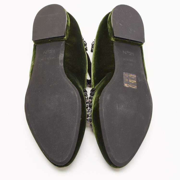 Pre Owned N21 Dark Green Velvet Crystal Embellished T-Bar Ballet Flats Size 38