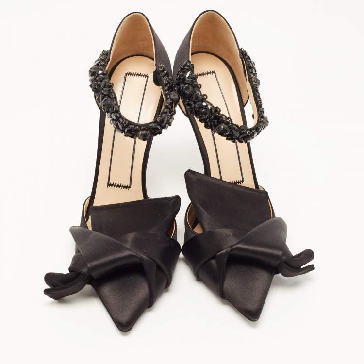 Pre Owned Nº21 Black Satin Crystal Embellished Ankle Strap Sandals Size 38.5