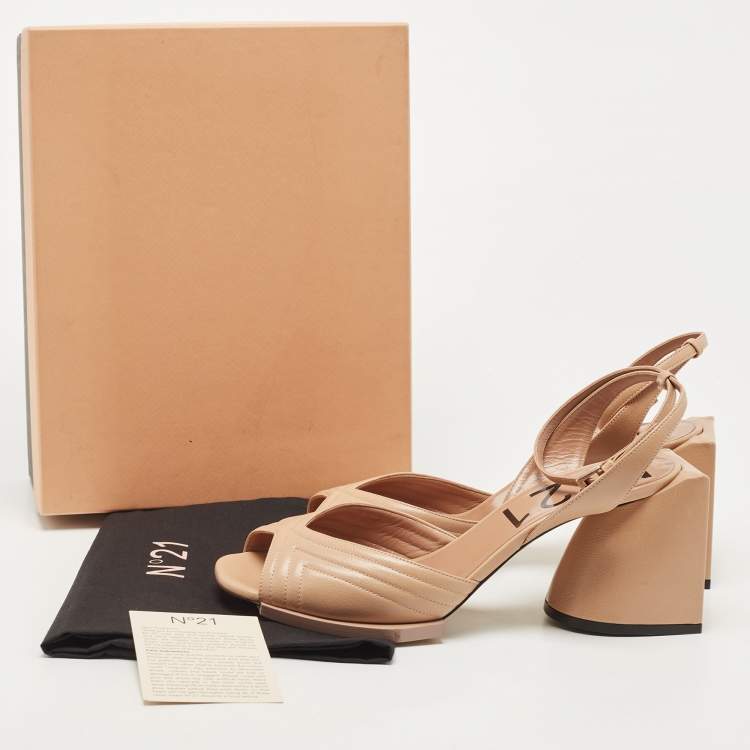 Pre Owned N21 Beige Leather Ankle Strap Block Heel Sandals Size 40