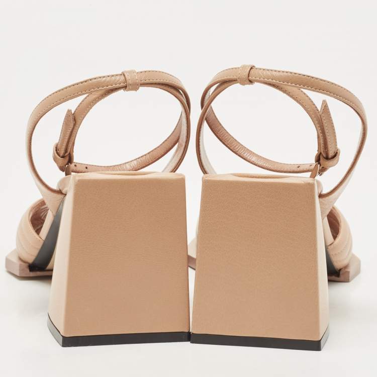 Pre Owned N21 Beige Leather Ankle Strap Block Heel Sandals Size 40