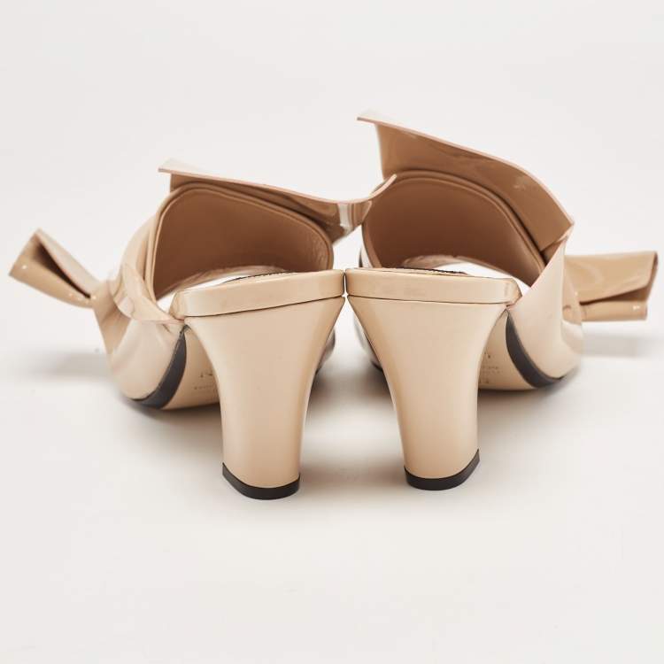 Pre Owned N21 Beige Patent Leather Raso Knot Block Heel Mules Size 38