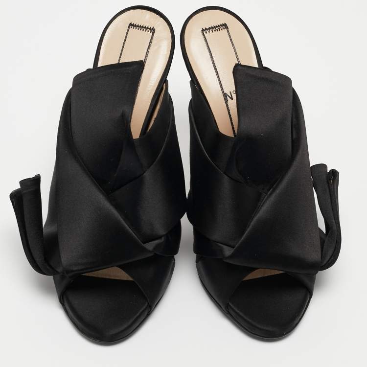 Pre Owned N21 Black Satin Knot  Pointed Toe Slide Sandals Size 38
