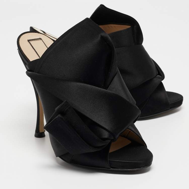 Pre Owned N21 Black Satin Knot  Pointed Toe Slide Sandals Size 38