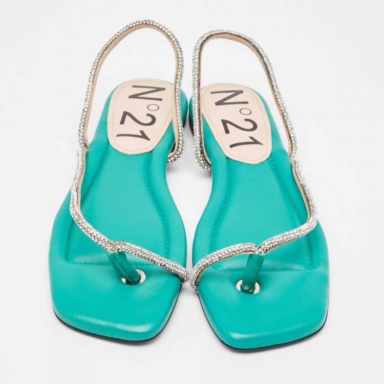 Pre Owned N21 Green Leather Crystal Embellished Slingback Sandals Size 38.5
