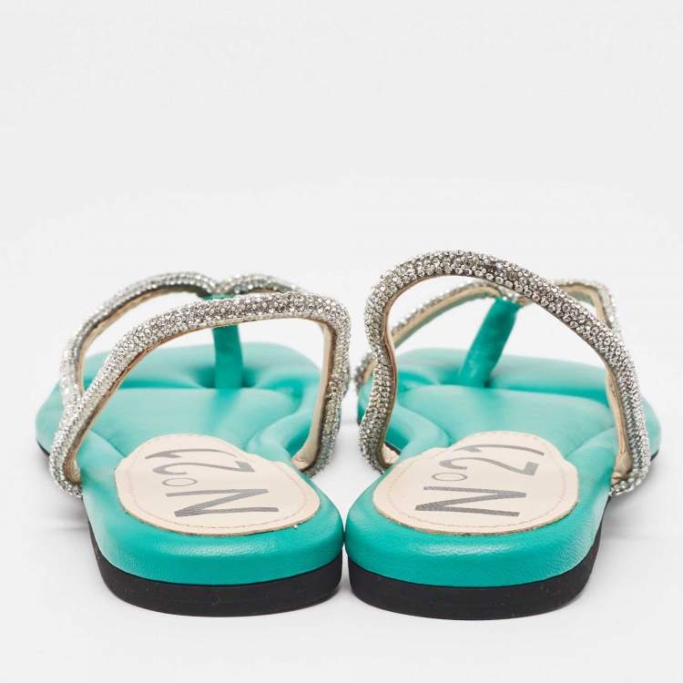 Pre Owned N21 Green Leather Crystal Embellished Slingback Sandals Size 38.5