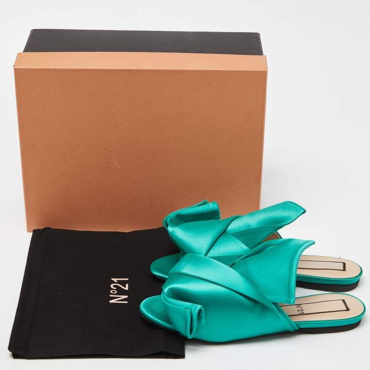 Pre Owned Nº21 Green Satin Knot Flat Mules Size 37