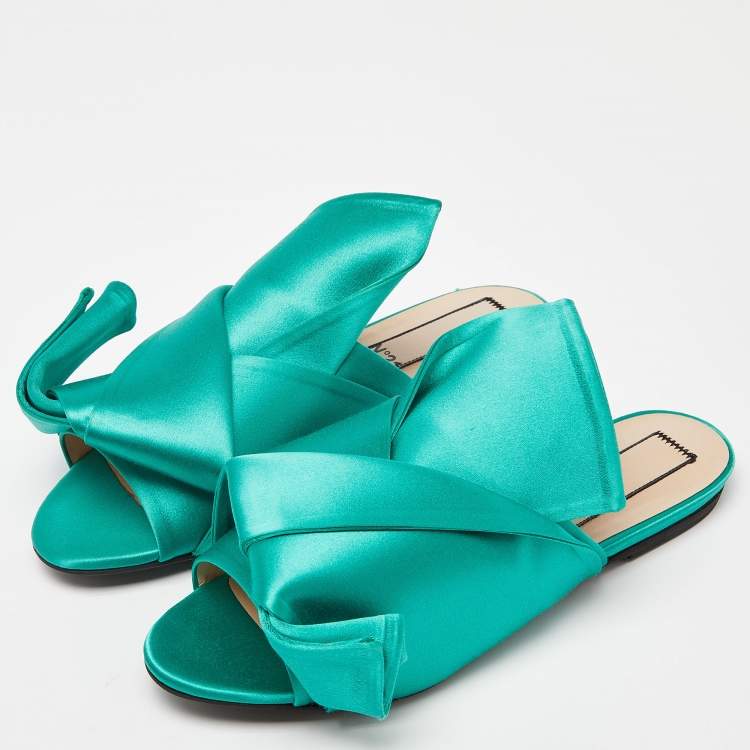 Pre Owned Nº21 Green Satin Knot Flat Mules Size 37