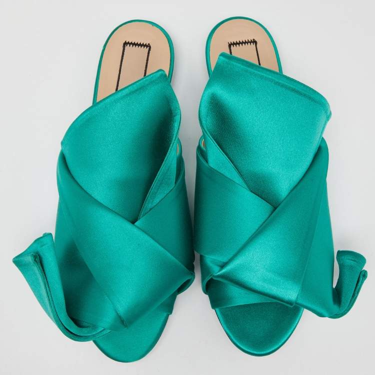 Pre Owned Nº21 Green Satin Knot Flat Mules Size 37