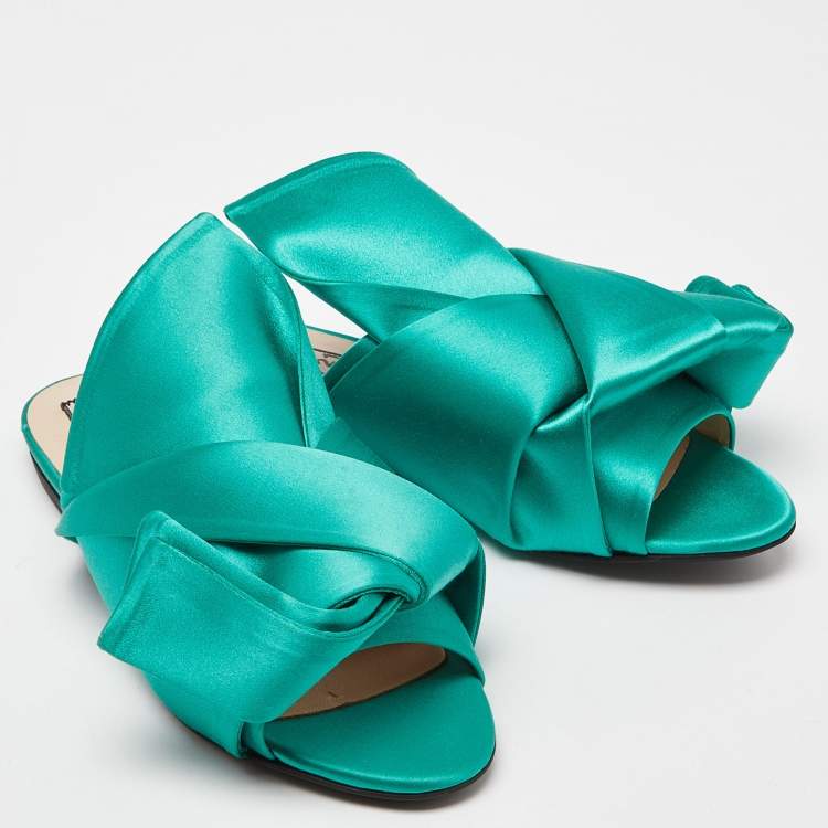 Pre Owned Nº21 Green Satin Knot Flat Mules Size 37