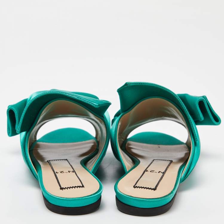Pre Owned Nº21 Green Satin Knot Flat Mules Size 37