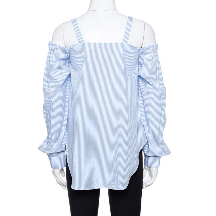 Pre Owned N21 Light Blue Striped Cotton Embroidered Off Shoulder Top S