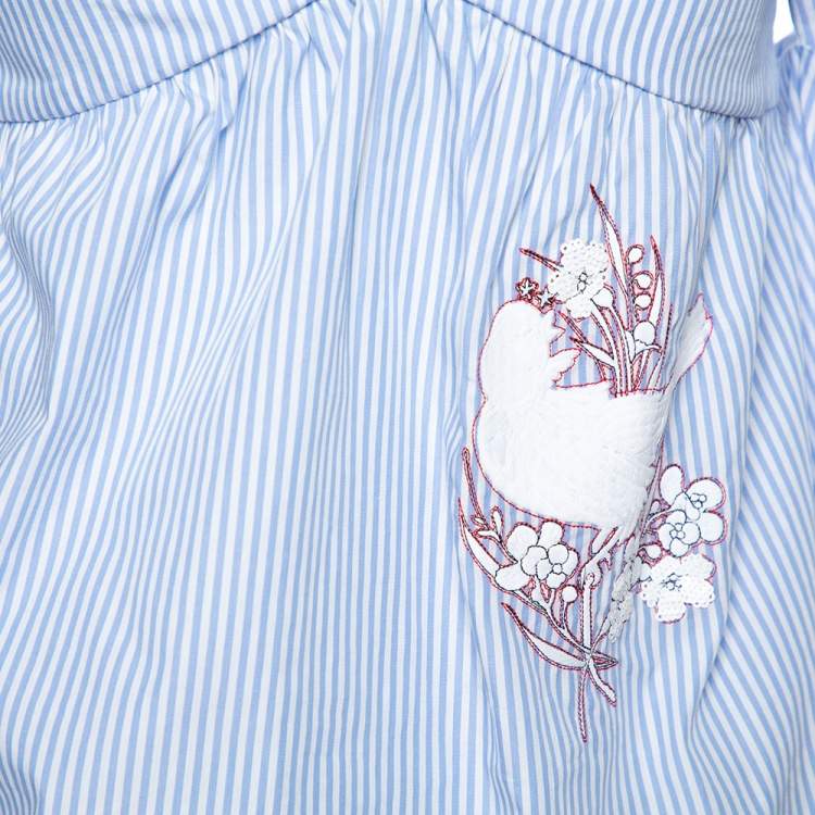 Pre Owned N21 Light Blue Striped Cotton Embroidered Off Shoulder Top S