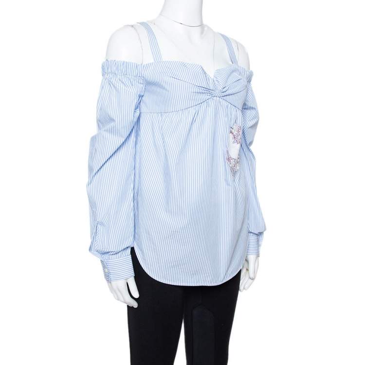 Pre Owned N21 Light Blue Striped Cotton Embroidered Off Shoulder Top S