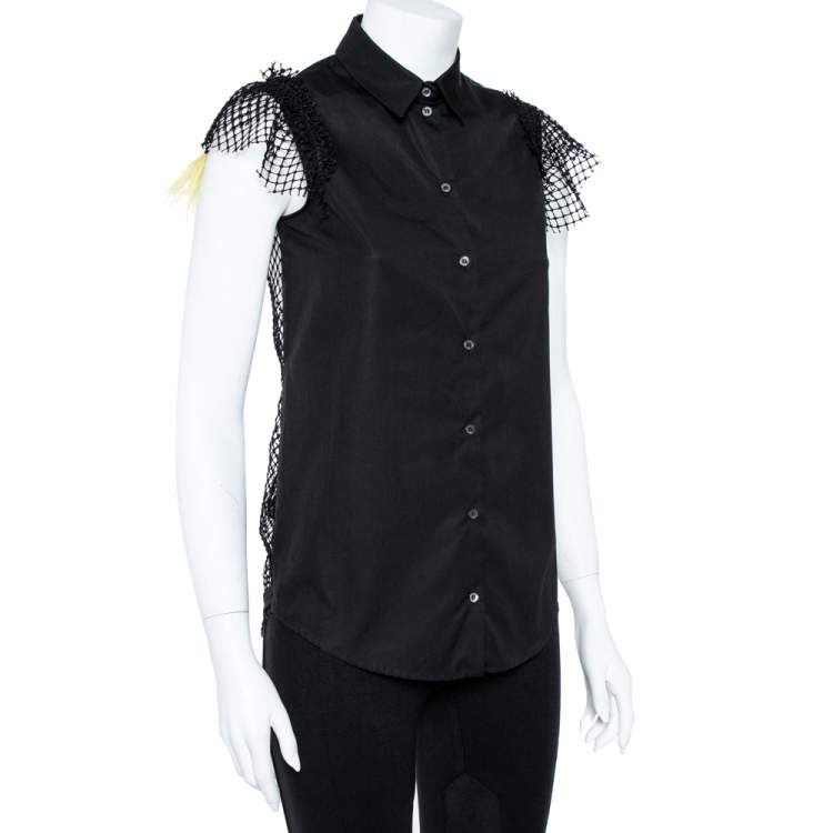 Pre Owned N21 Black Cotton Grid Lace Paneled Feather Trim Shirt XS