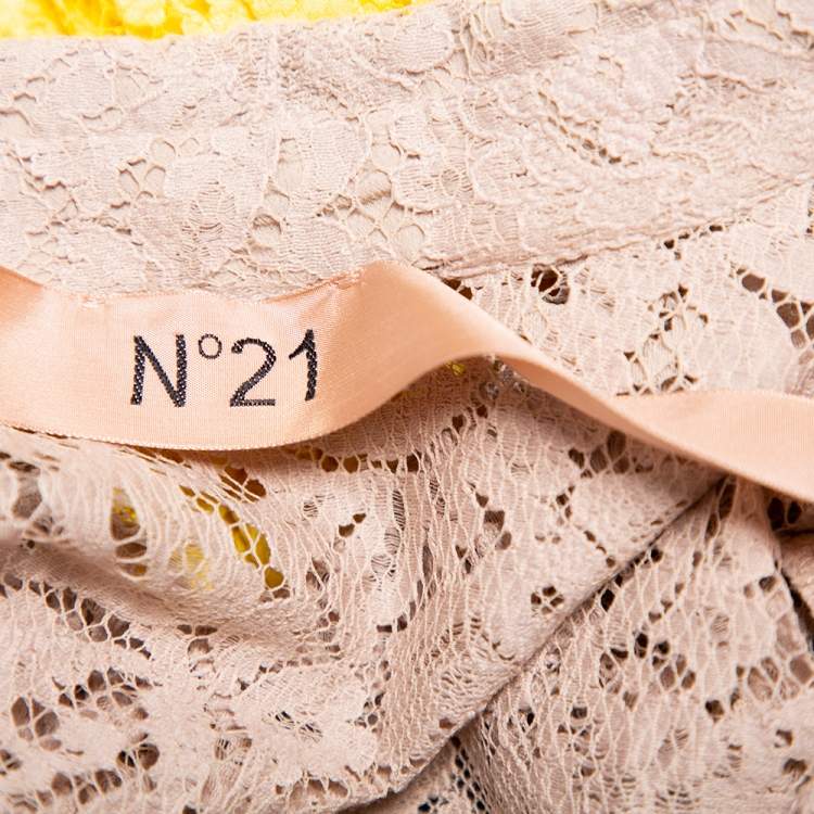 Pre Owned N21 Beige & Yellow Paneled Lace Pleated Detail Button Tunic S
