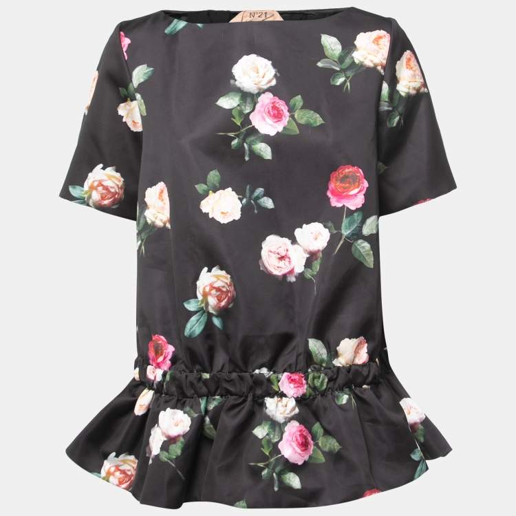 Pre Owned N21 Black Floral Print Synthetic Half Sleeve Tunic Top M
