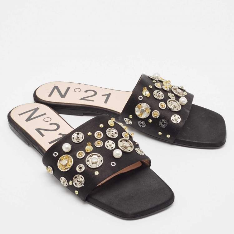 Pre Owned N21 Black Satin Embellished Flat Slides Size 39  