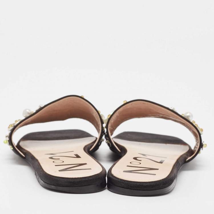 Pre Owned N21 Black Satin Embellished Flat Slides Size 39  