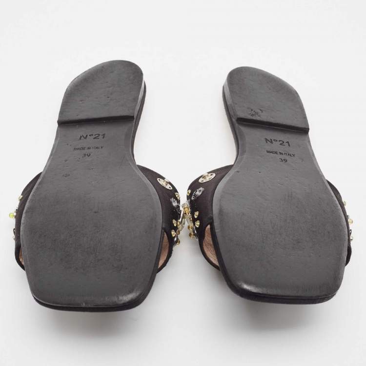 Pre Owned N21 Black Satin Embellished Flat Slides Size 39  
