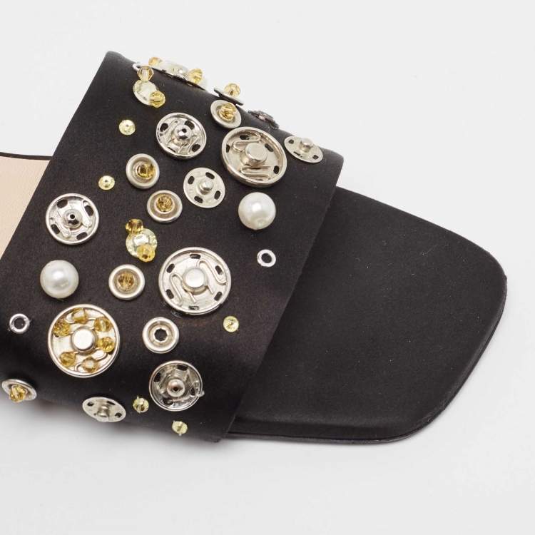 Pre Owned N21 Black Satin Embellished Flat Slides Size 39  