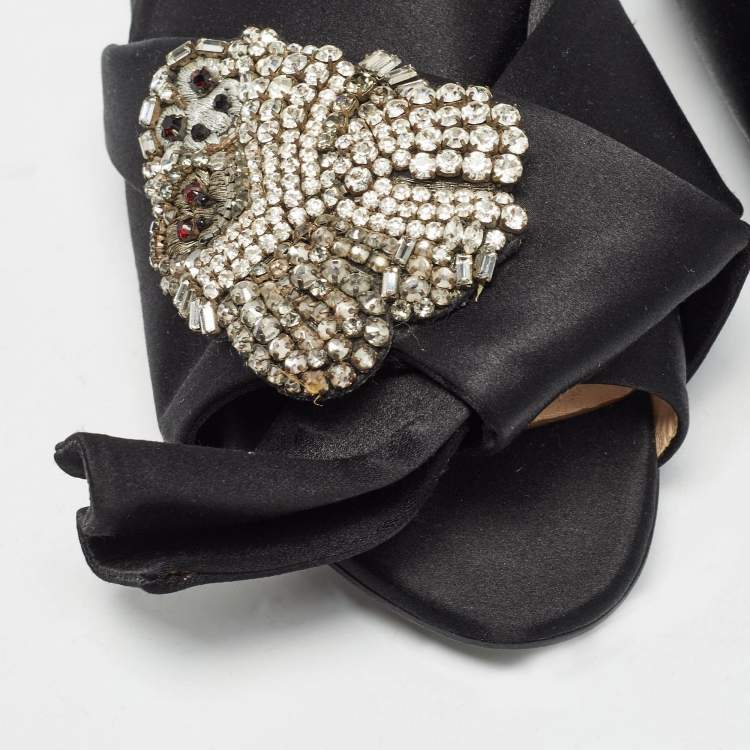 Pre Owned Nº21 Black Satin Knot Embellished Flat Slides Size 38