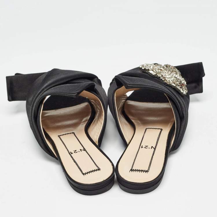Pre Owned Nº21 Black Satin Knot Embellished Flat Slides Size 38