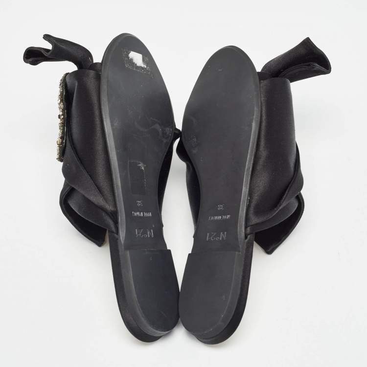 Pre Owned Nº21 Black Satin Knot Embellished Flat Slides Size 38