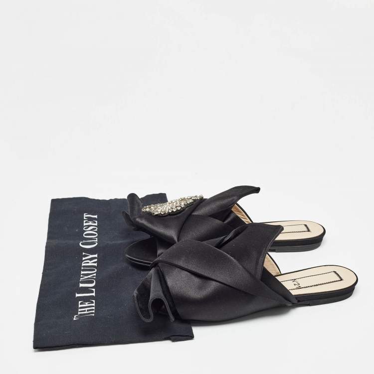 Pre Owned Nº21 Black Satin Knot Embellished Flat Slides Size 38