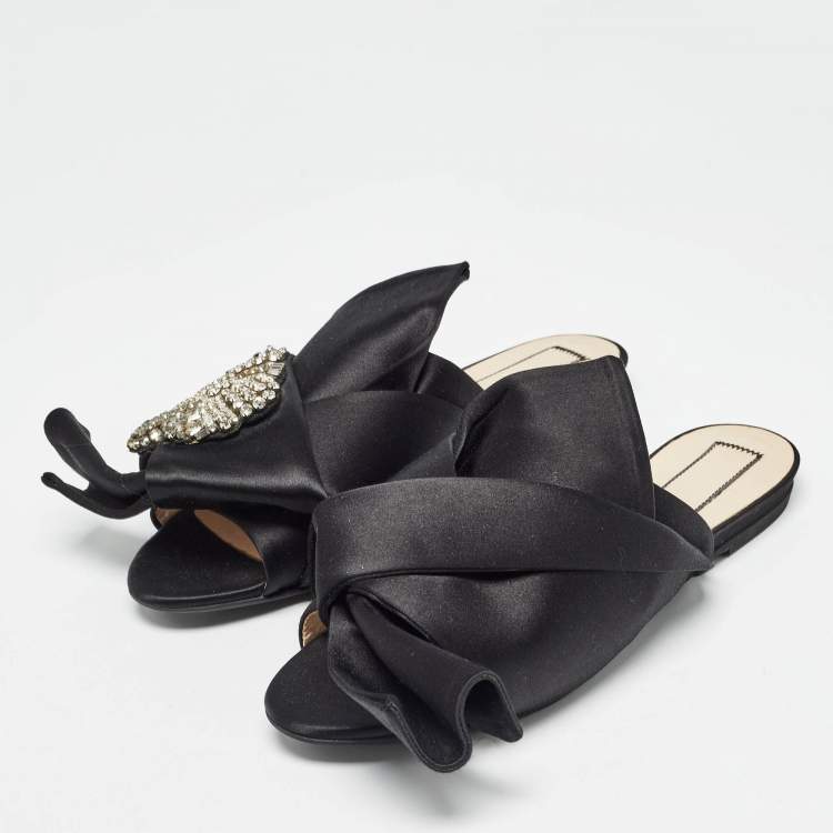 Pre Owned Nº21 Black Satin Knot Embellished Flat Slides Size 38