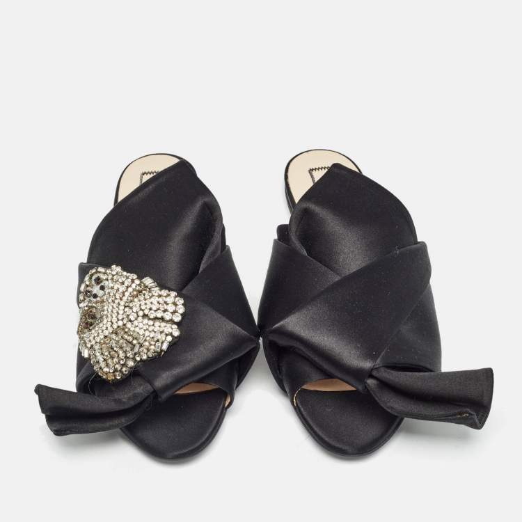 Pre Owned Nº21 Black Satin Knot Embellished Flat Slides Size 38