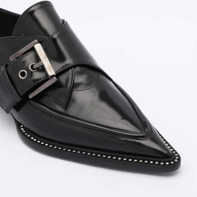 Pre Owned Nº21 Black Leather Crystal Embellished Buckle Slip On Loafers Size 35