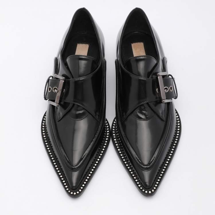 Pre Owned Nº21 Black Leather Crystal Embellished Buckle Slip On Loafers Size 35
